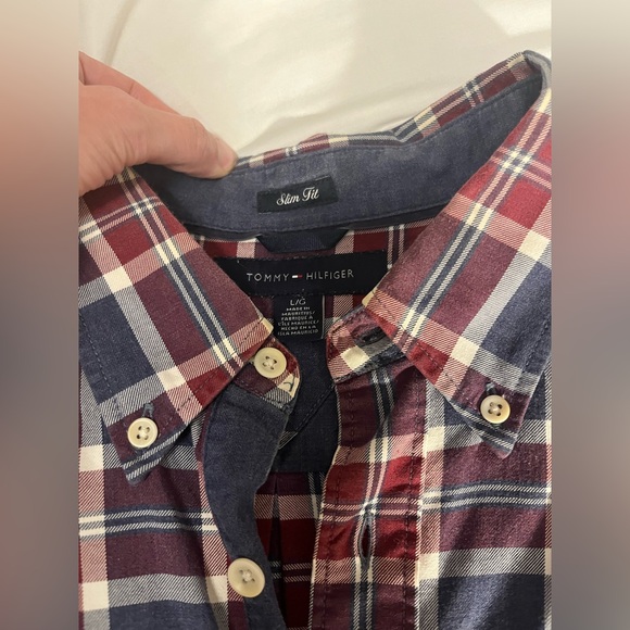Tommy Hilfiger Slim Fit Button Down Dress Shirt Oxford Plaid Blue Red - Picture 6 of 7